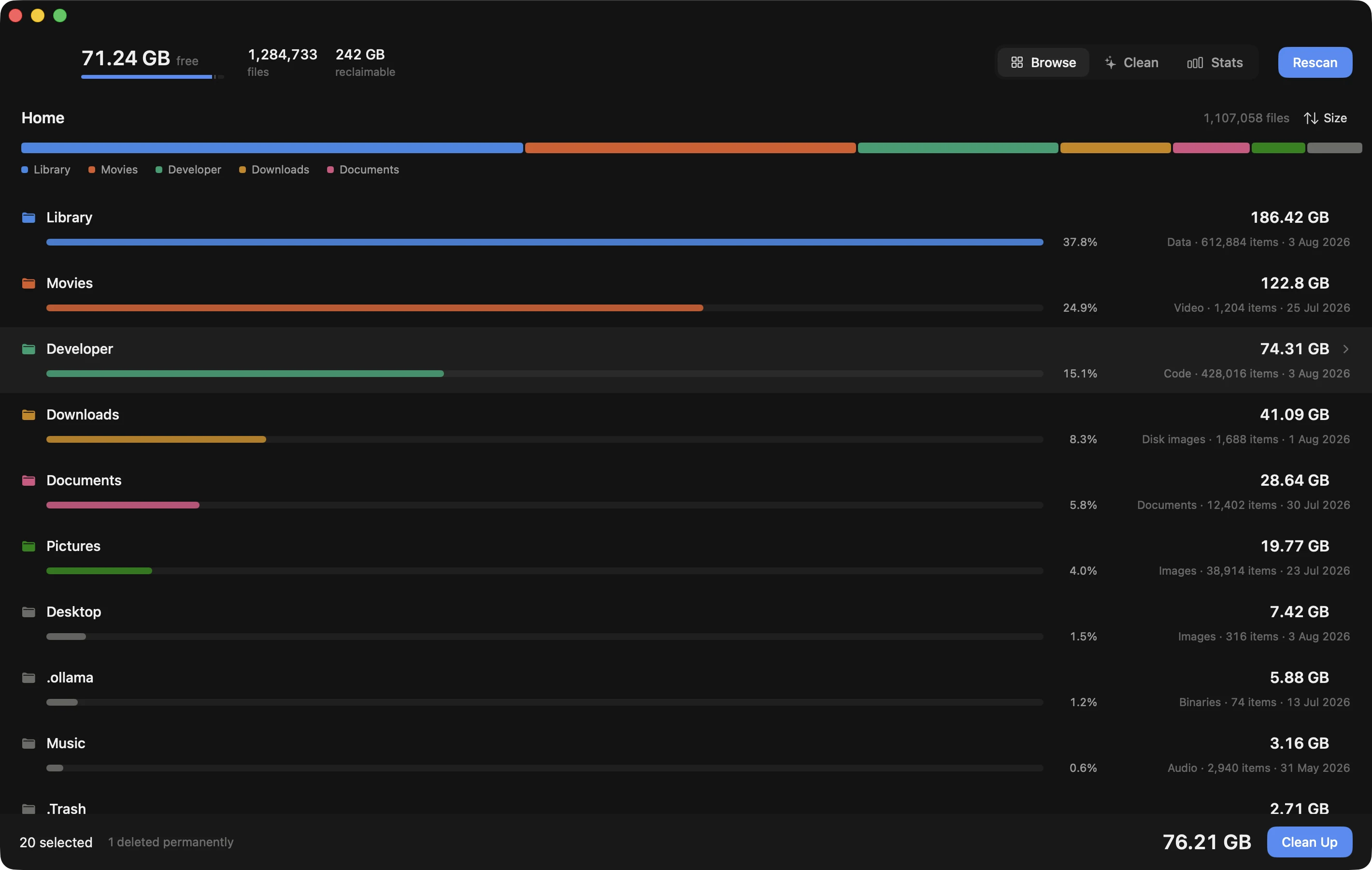 Reclaim's Browse view: the home folder broken into Library, Movies, Developer, Downloads and Documents, each with its size and share of the total.